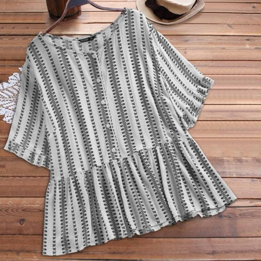 Button Front Ruffle Hem Smock Blouse